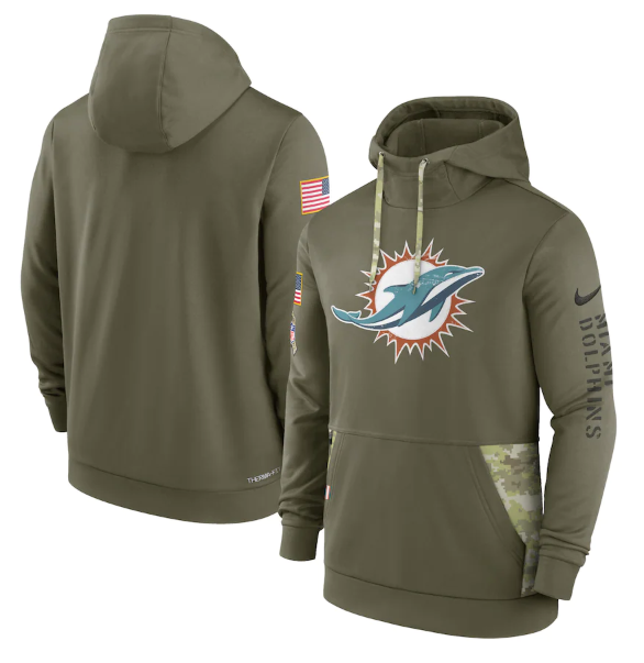 Men's Miami Dolphins 2022 Olive Salute to Service Therma Performance Pullover Hoodie Men's Miami Dolphins 2022 Olive Salute to Service Therma Performance Pullover Hoodie